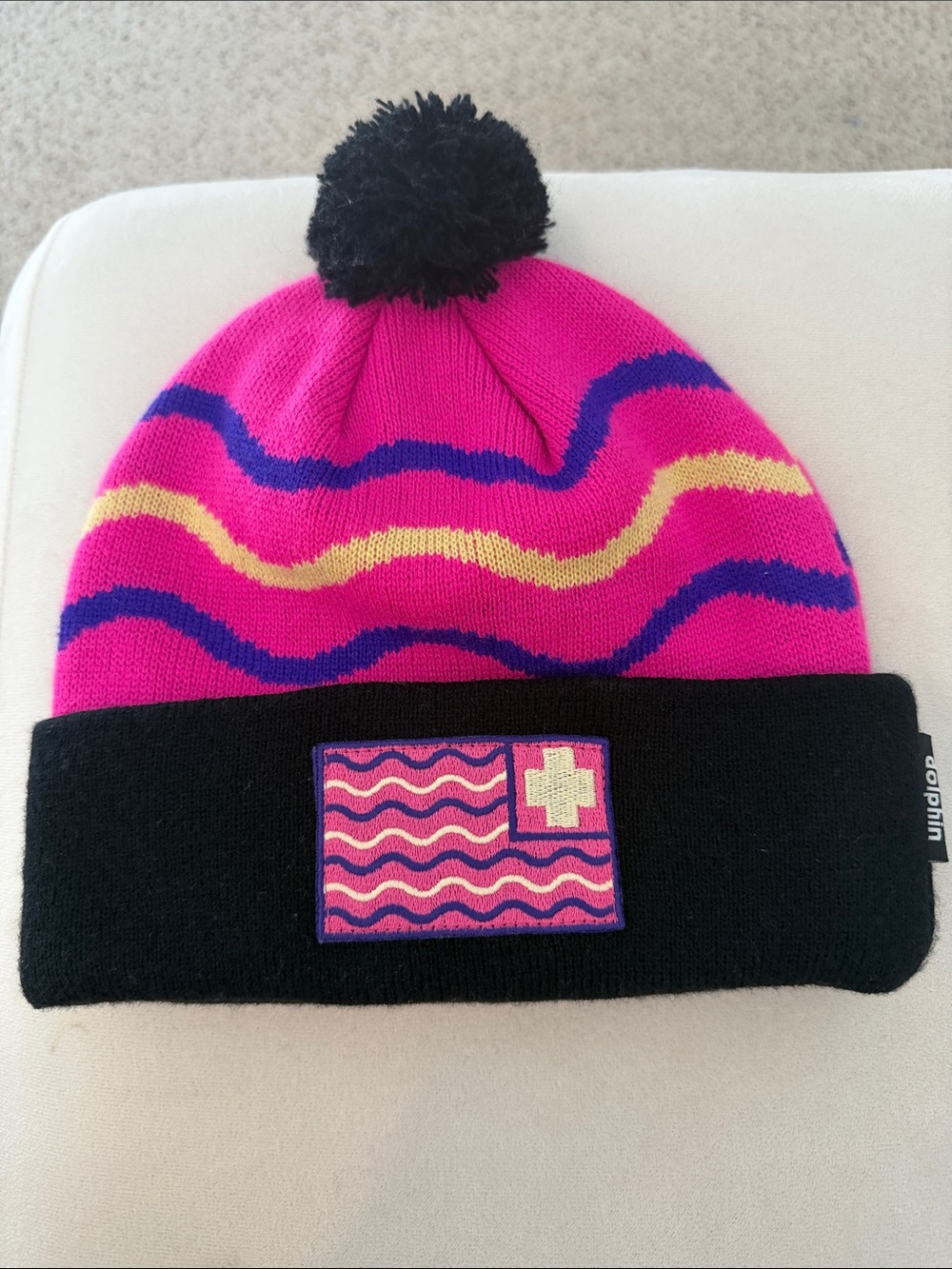 Pink Dolphin Pink Wave Pom Beanie with Black Cuff and Patch